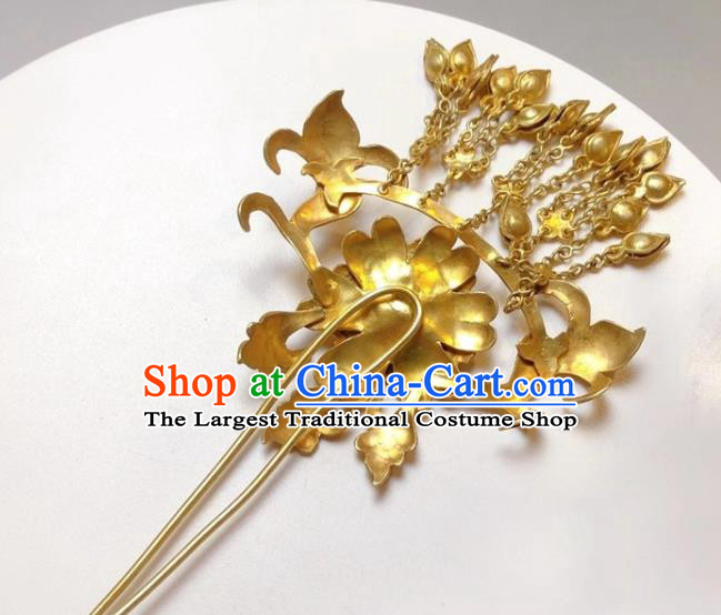 China Classical Tassel Hairpin Traditional Hair Accessories Handmade Qing Dynasty Golden Peony Hair Stick