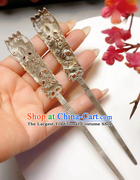 China Handmade Qing Dynasty Hair Stick Classical Blueing Silver Hairpin Traditional Hair Accessories