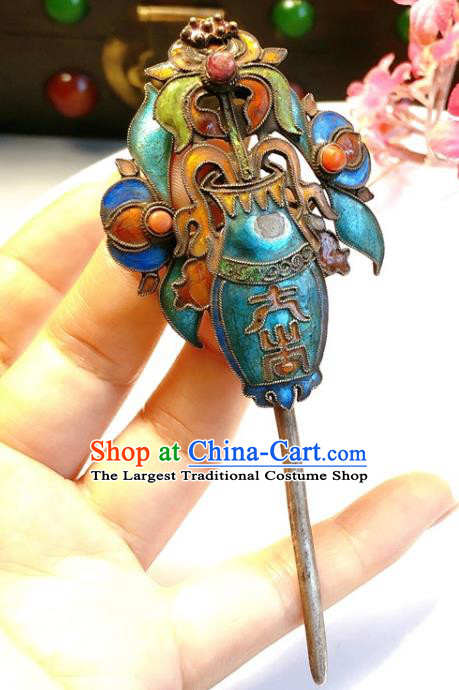 China Traditional Court Hair Accessories Handmade Qing Dynasty Silver Hair Stick Classical Blueing Vase Hairpin