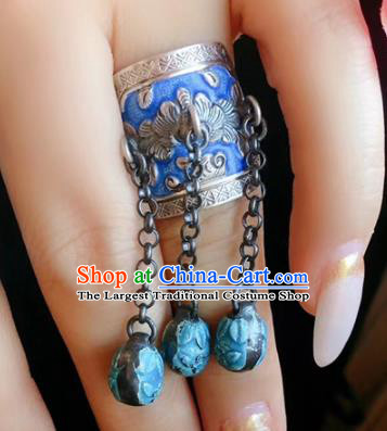 Chinese National Blueing Tassel Ring Jewelry Traditional Handmade Accessories Silver Circlet