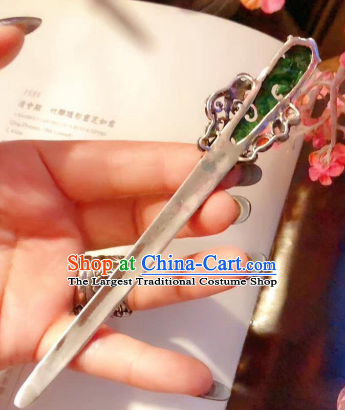 China Traditional Jadeite Hair Accessories Handmade Qing Dynasty Silver Hair Stick Classical Gems Hairpin