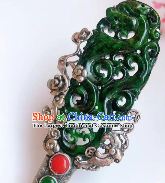 China Traditional Jadeite Dragon Hairpin Hair Accessories Handmade Qing Dynasty Silver Hair Stick