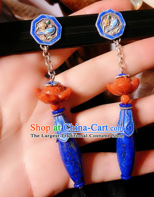 Chinese National Blueing Earrings Traditional Agate Lotus Jewelry Handmade Lapis Ear Accessories