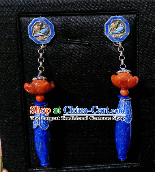 Chinese National Blueing Earrings Traditional Agate Lotus Jewelry Handmade Lapis Ear Accessories