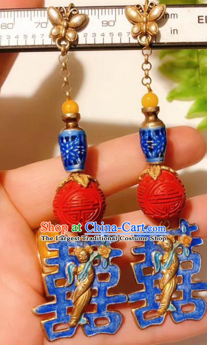 Chinese National Wedding Blueing Earrings Traditional Jewelry Handmade Carved Lacquerware Ear Accessories