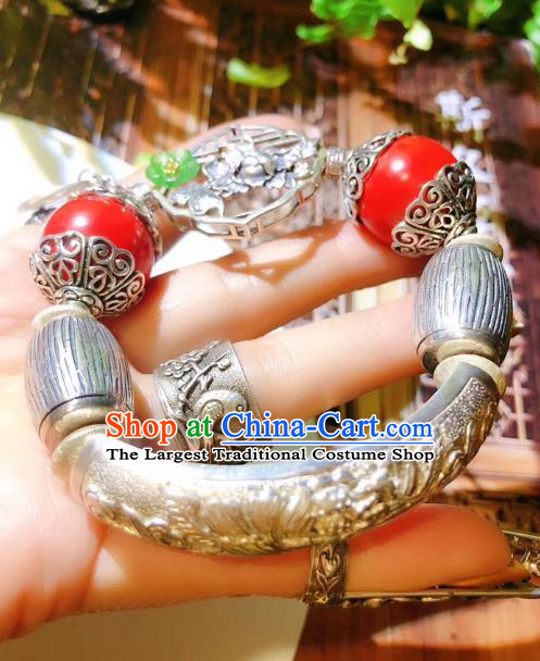 China Traditional Silver Bracelet Handmade National Cinnabar Bangle Accessories