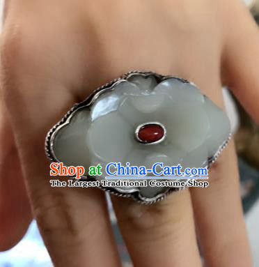 Chinese National Hetian Jade Peony Ring Jewelry Traditional Handmade Silver Circlet Accessories