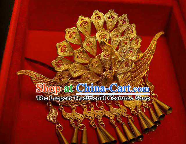 China Handmade Ming Dynasty Tassel Hairpin Traditional Hair Accessories Ancient Empress Golden Phoenix Hair Crown