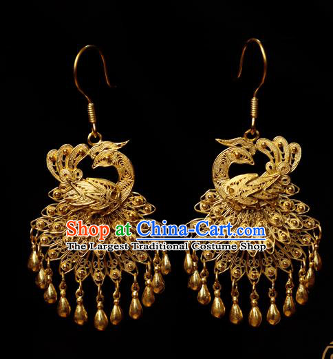 Chinese Traditional Hanfu Golden Peacock Earrings Accessories Ancient Queen Tassel Ear Jewelry
