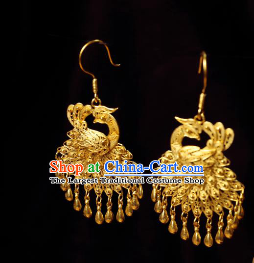 Chinese Traditional Hanfu Golden Peacock Earrings Accessories Ancient Queen Tassel Ear Jewelry