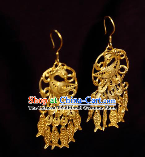 Chinese Ancient Empress Fish Tassel Ear Jewelry Traditional Hanfu Golden Peacock Earrings Accessories