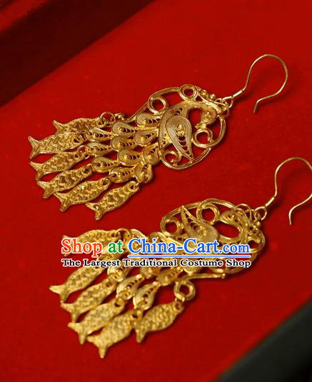 Chinese Ancient Empress Fish Tassel Ear Jewelry Traditional Hanfu Golden Peacock Earrings Accessories