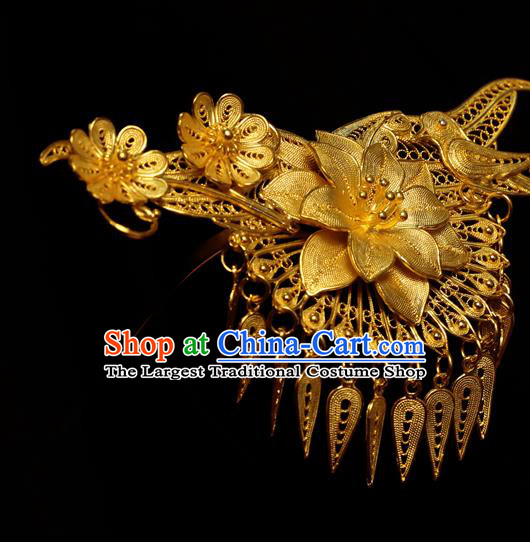 China Handmade Ming Dynasty Golden Tassel Hairpin Traditional Hair Accessories Ancient Empress Lotus Hair Stick
