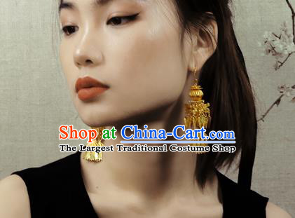 Chinese Ancient Empress Golden Lantern Ear Jewelry Traditional Ming Dynasty Court Earrings Accessories