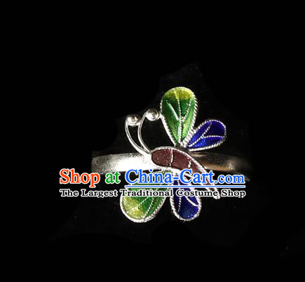 Handmade Chinese Traditional Cloisonne Butterfly Ring Jewelry Silver Circlet Accessories