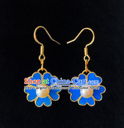 Chinese National Pearl Ear Accessories Traditional Cheongsam Blue Flower Earrings Jewelry