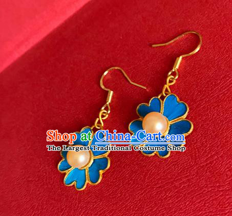 Chinese National Pearl Ear Accessories Traditional Cheongsam Blue Flower Earrings Jewelry