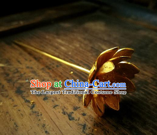 China Handmade Golden Lotus Hair Stick Ming Dynasty Court Lady Hairpin Traditional Hair Accessories