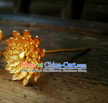 China Ancient Ming Dynasty Court Lady Hairpin Traditional Hair Accessories Handmade Golden Hibiscus Hair Stick