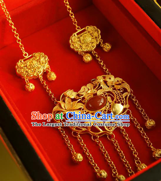 China Traditional Hanfu Agate Necklace Accessories Ancient Princess Golden Lotus Lock Necklet Pendant