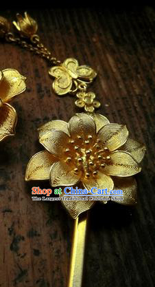 China Ancient Ming Dynasty Empress Lotus Hairpin Traditional Hair Accessories Handmade Golden Butterfly Tassel Hair Stick