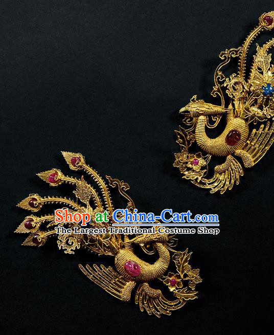 China Ancient Queen Ruby Hair Accessories Handmade Filigree Phoenix Hairpin Traditional Qing Dynasty Empress Hair Stick