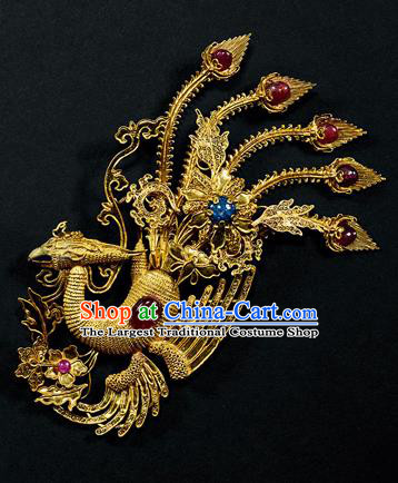 China Ancient Queen Ruby Hair Accessories Handmade Filigree Phoenix Hairpin Traditional Qing Dynasty Empress Hair Stick