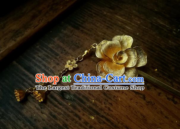 China Traditional Hair Accessories Handmade Golden Tassel Hair Stick Ancient Ming Dynasty Empress Camellia Hairpin