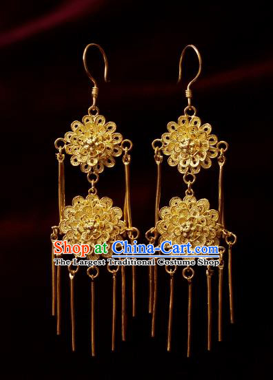 Chinese National Wedding Golden Flowers Earrings Jewelry Ancient Qing Dynasty Imperial Consort Ear Accessories