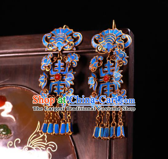 Chinese Classical Blueing Bat Earrings Wedding Jewelry Ancient Qing Dynasty Empress Ear Accessories