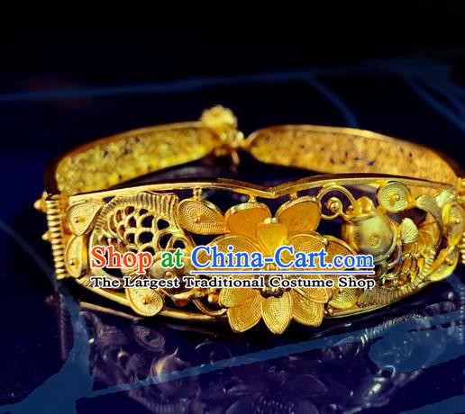 Handmade Chinese Traditional Wedding Golden Lotus Bangle Jewelry Silver Bracelet Accessories