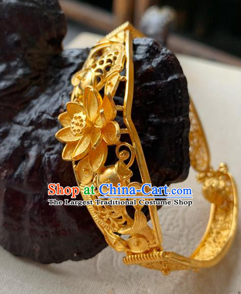 Handmade Chinese Traditional Wedding Golden Lotus Bangle Jewelry Silver Bracelet Accessories