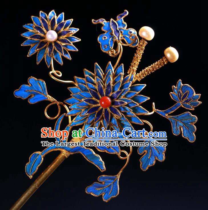 China Traditional Handmade Pearls Hair Stick Ancient Qing Dynasty Empress Blueing Chrysanthemum Hairpin