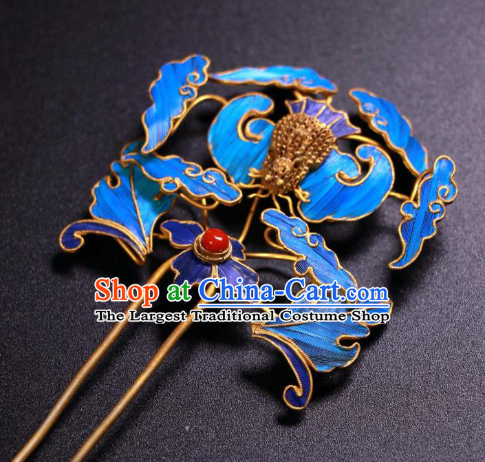 China Ancient Qing Dynasty Empress Blueing Bat Hairpin Traditional Handmade Coral Hair Stick
