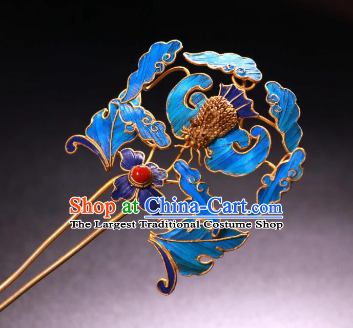 China Ancient Qing Dynasty Empress Blueing Bat Hairpin Traditional Handmade Coral Hair Stick