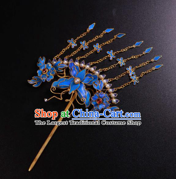 China Qing Dynasty Pearls Hairpin Handmade Ancient Imperial Consort Blueing Tassel Hair Stick