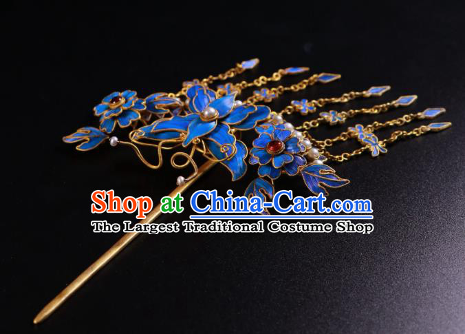 China Qing Dynasty Pearls Hairpin Handmade Ancient Imperial Consort Blueing Tassel Hair Stick