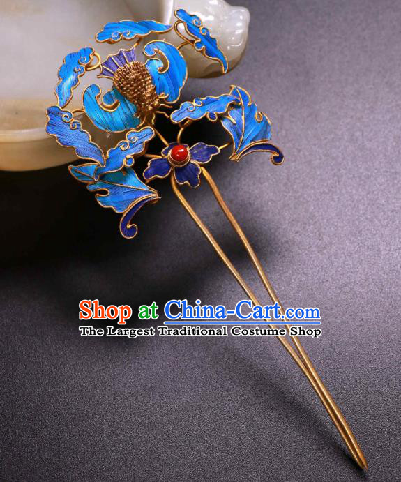 China Ancient Qing Dynasty Empress Blueing Bat Hairpin Traditional Handmade Coral Hair Stick