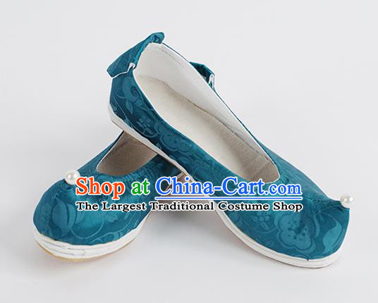 Handmade Chinese Hanfu Shoes Ancient Ming Dynasty Princess Shoes Traditional Blue Silk Bow Shoes