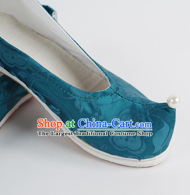Handmade Chinese Hanfu Shoes Ancient Ming Dynasty Princess Shoes Traditional Blue Silk Bow Shoes
