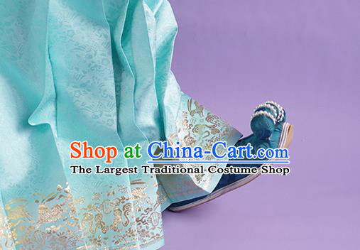 Handmade Chinese Ancient Han Dynasty Princess Shoes Traditional Blue Silk Shoes Hanfu Pearls Shoes
