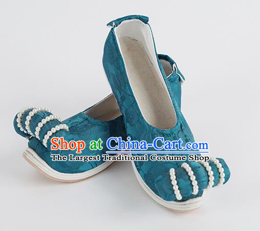 Handmade Chinese Ancient Han Dynasty Princess Shoes Traditional Blue Silk Shoes Hanfu Pearls Shoes
