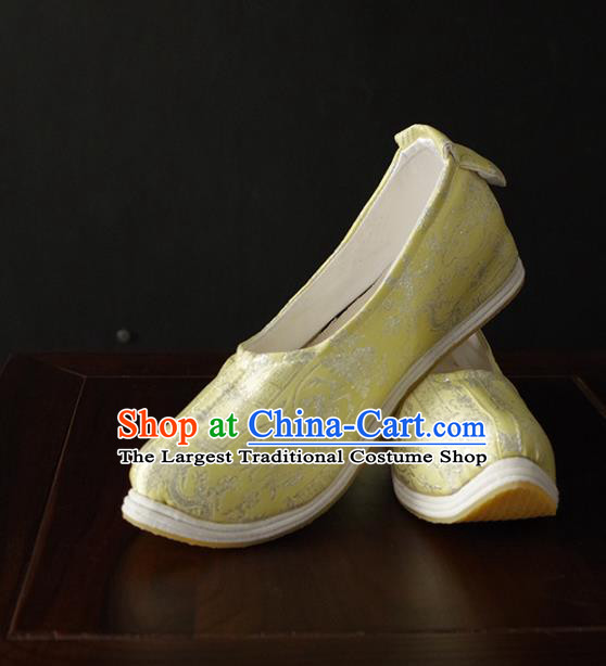 Handmade Chinese Princess Shoes Traditional Yellow Silk Hanfu Shoes Ancient Song Dynasty Shoes