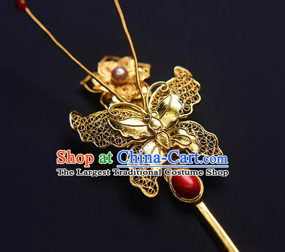 China Traditional Hair Jewelry Ming Dynasty Filigree Butterfly Hairpin Ancient Empress Golden Hair Stick