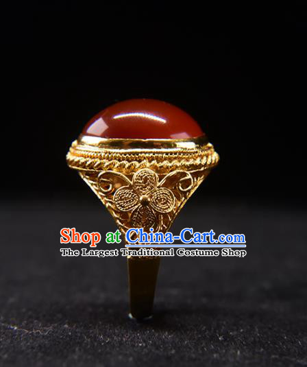China Ancient Imperial Consort Golden Circlet Jewelry Traditional Qing Dynasty Agate Ring Accessories