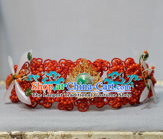 China Traditional Wedding Hair Jewelry Ming Dynasty Hairpin Ancient Empress Jade Red Hair Crown