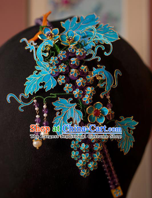 China Traditional Court Hair Jewelry Qing Dynasty Blueing Grape Hairpin Ancient Empress Amethyst Tassel Hair Clasp