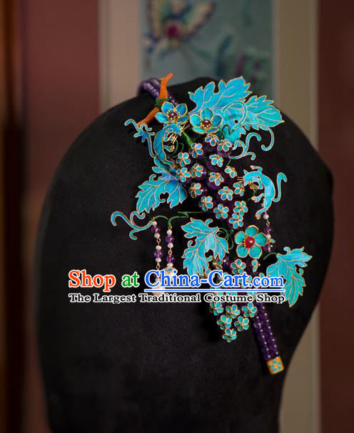 China Traditional Court Hair Jewelry Qing Dynasty Blueing Grape Hairpin Ancient Empress Amethyst Tassel Hair Clasp