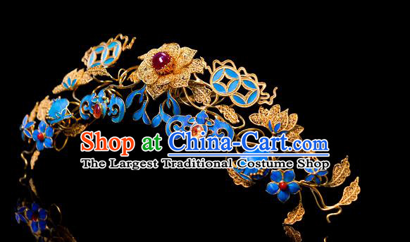 China Traditional Court Filigree Peony Hair Jewelry Qing Dynasty Hair Accessories Ancient Empress Blueing Hair Crown