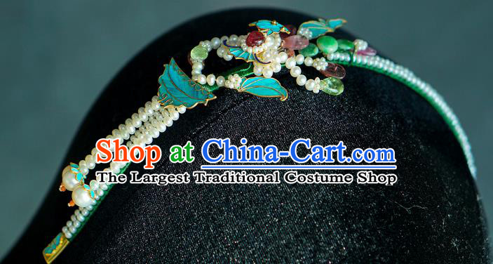 China Ancient Empress Hairpin Traditional Court Jade Hair Jewelry Qing Dynasty Pearls Tassel Hair Clasp
